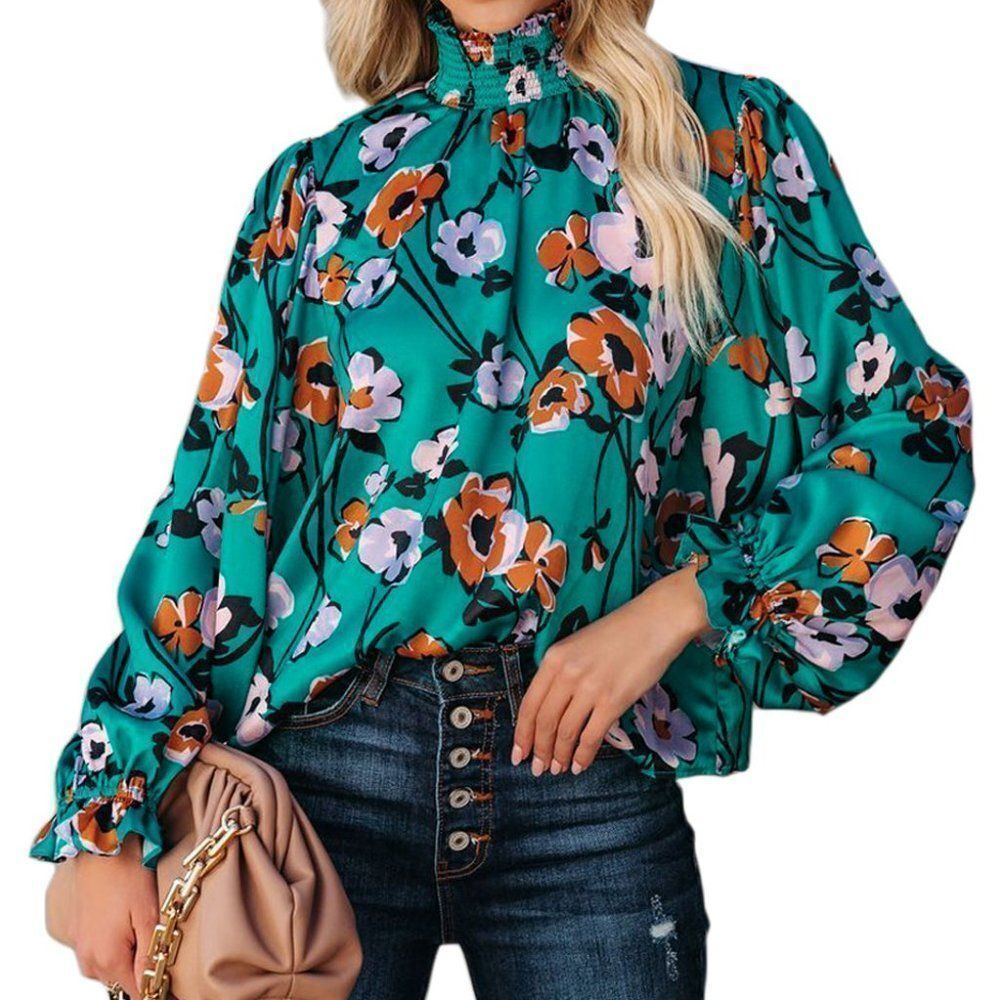 Floral Print Smocked Mock Neck Blouse